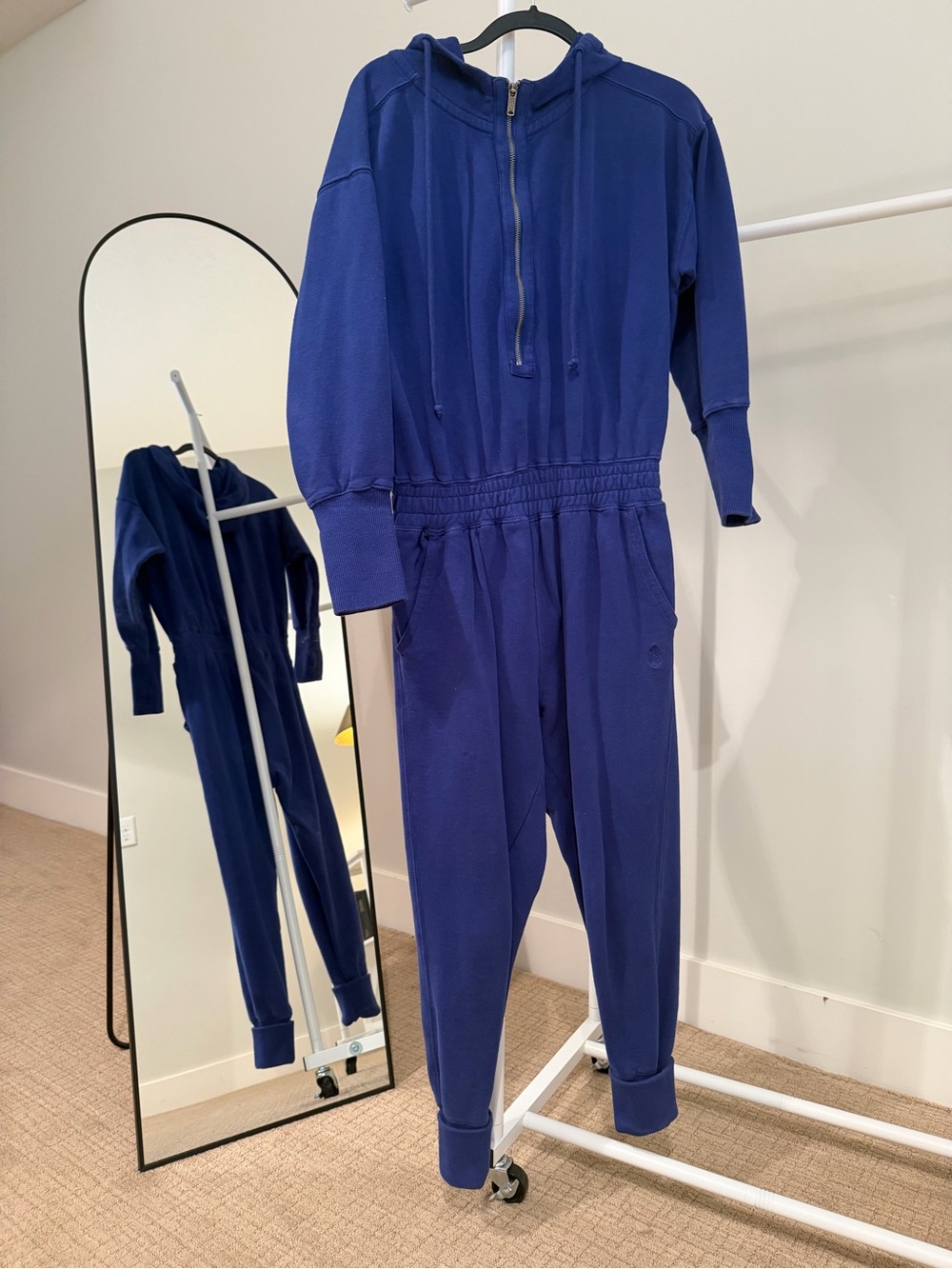 Free People Training Day Hooded Zip-Front Jumpsuit in Royal Blue